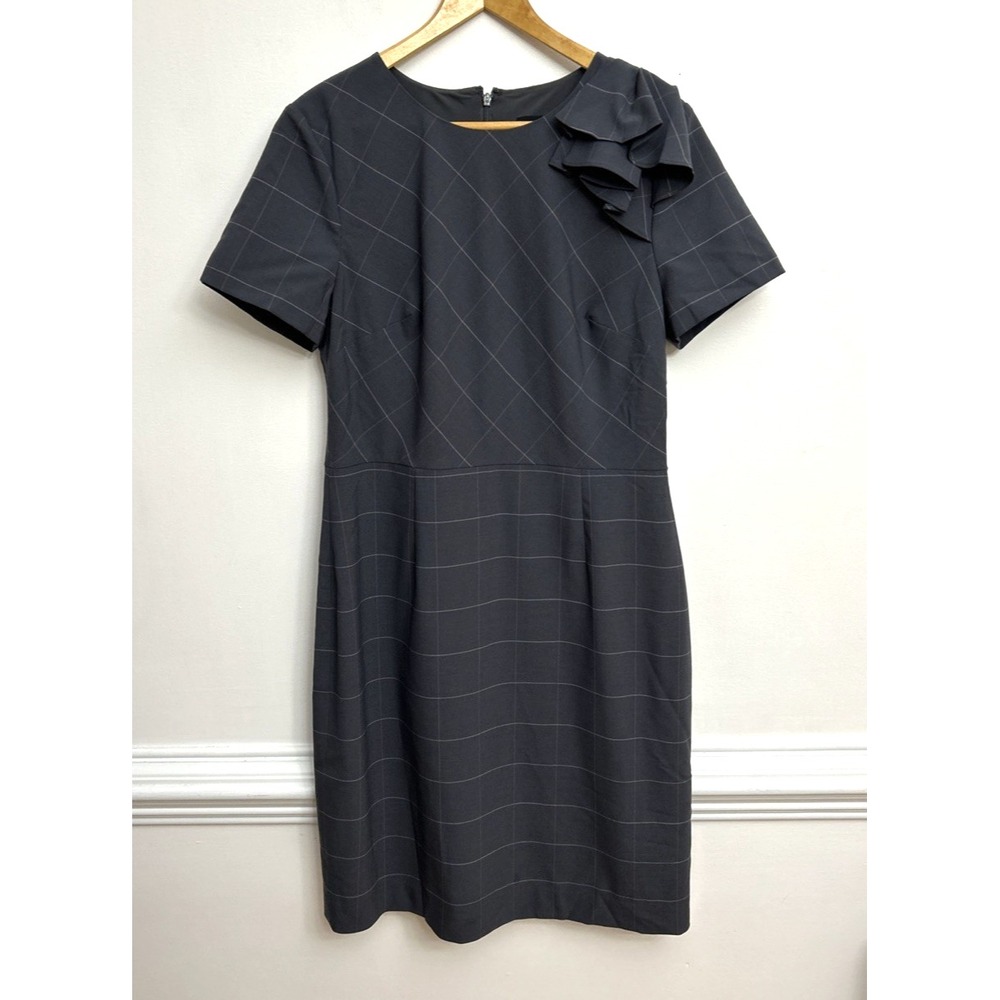Banana‎ Republic Dress 12 Gray Wool Blend Ruffle Shoulder Windowpane Sheath